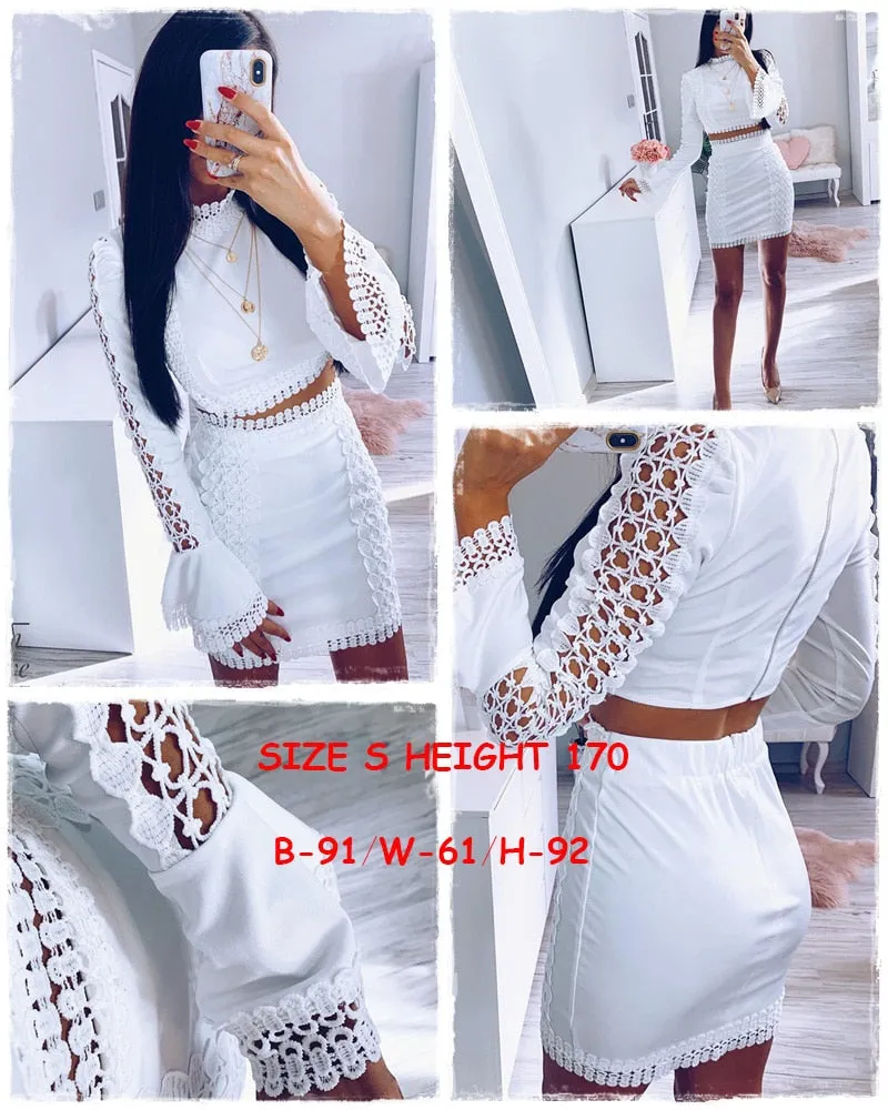 Elegant lace bodycon White 2 piece hollow out autumn dress suit Winter party club short party dresses