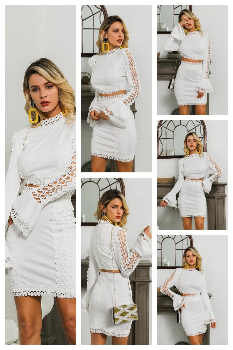 Elegant lace bodycon White 2 piece hollow out autumn dress suit Winter party club short party dresses