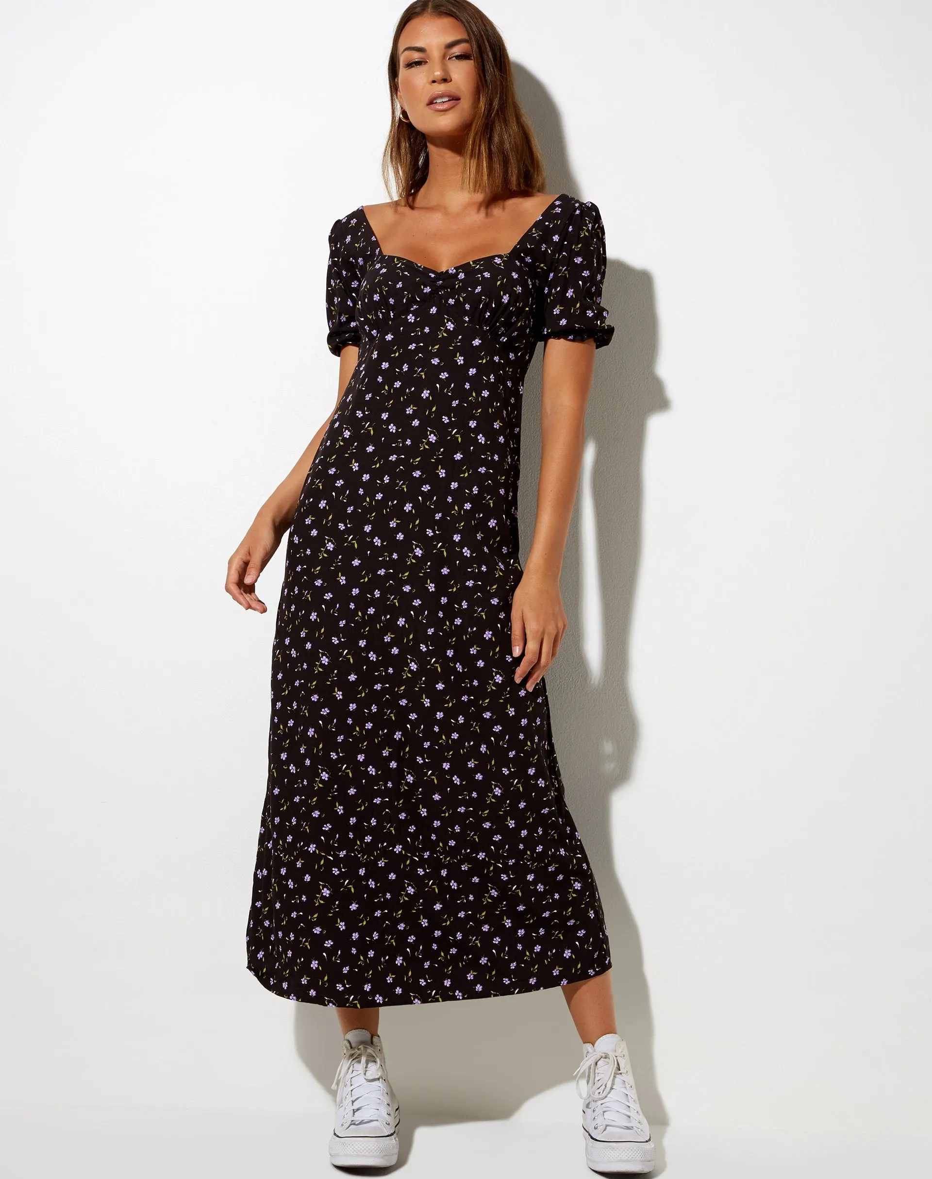 Fernanda Midi Dress in Pretty Petal Coffee and Purple