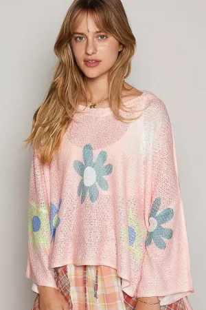 Flower Dropped Shoulder Long Sleeve Knit Top