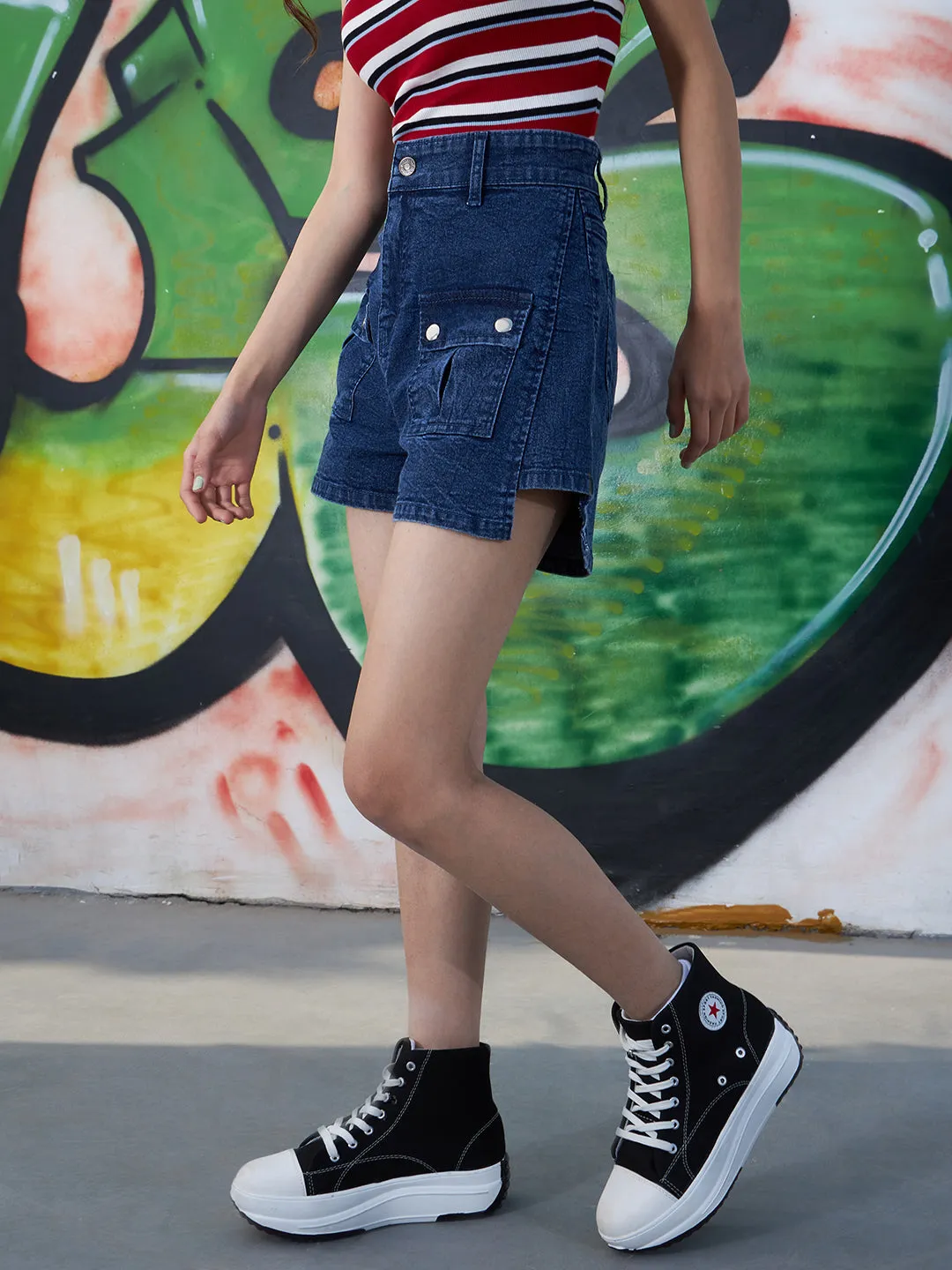 Girls Navy Front Patch Pocket Denim Shorts