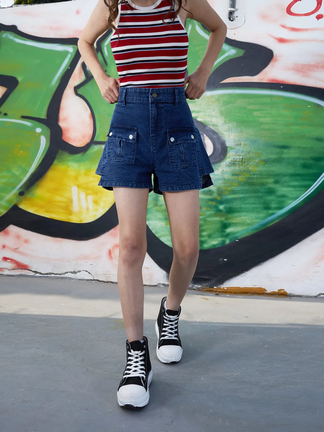 Girls Navy Front Patch Pocket Denim Shorts