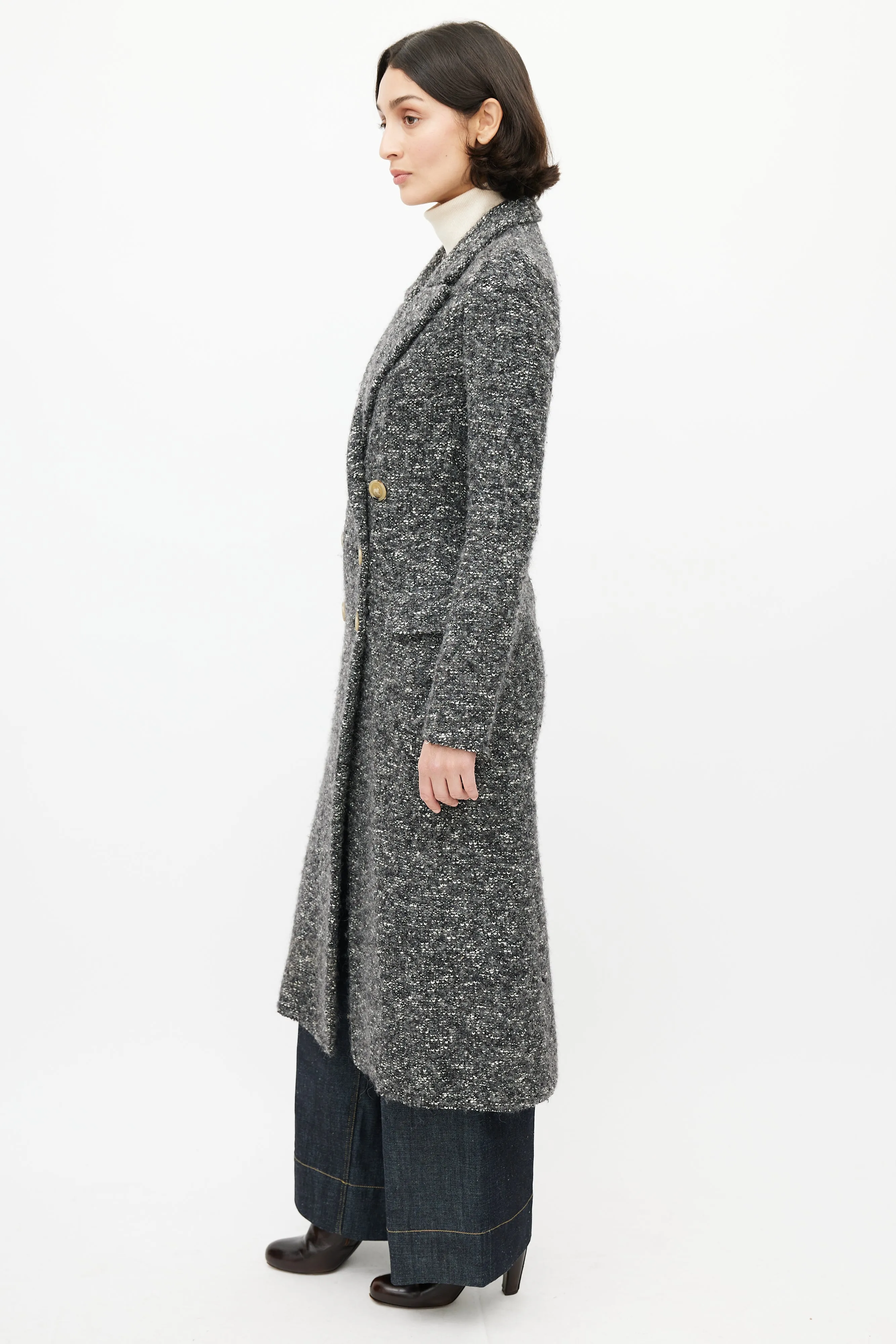 Grey & Black Double Breasted Boucle Coat