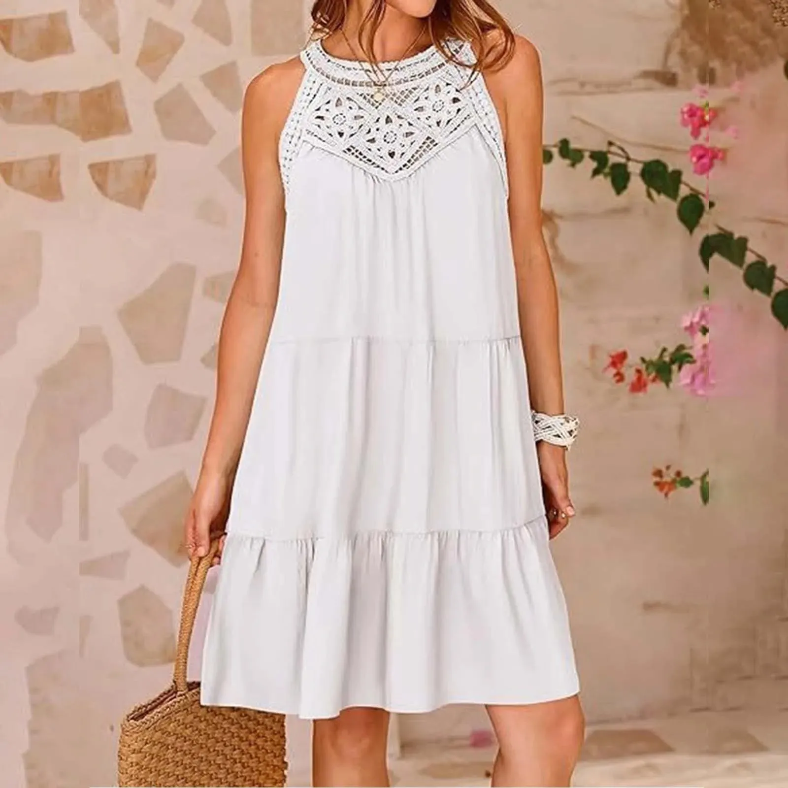 Halter Sleeveless A-Line Mini Casual Loose Flowy Summer Casual Beachy Dress