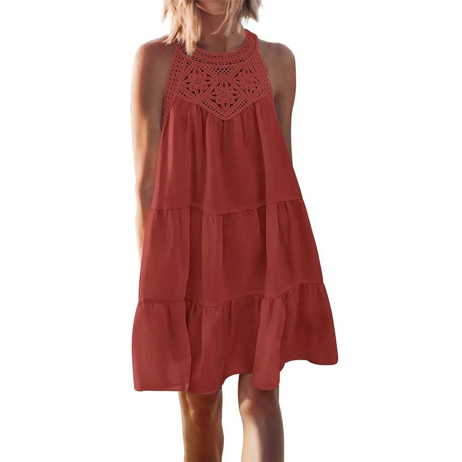 Halter Sleeveless A-Line Mini Casual Loose Flowy Summer Casual Beachy Dress