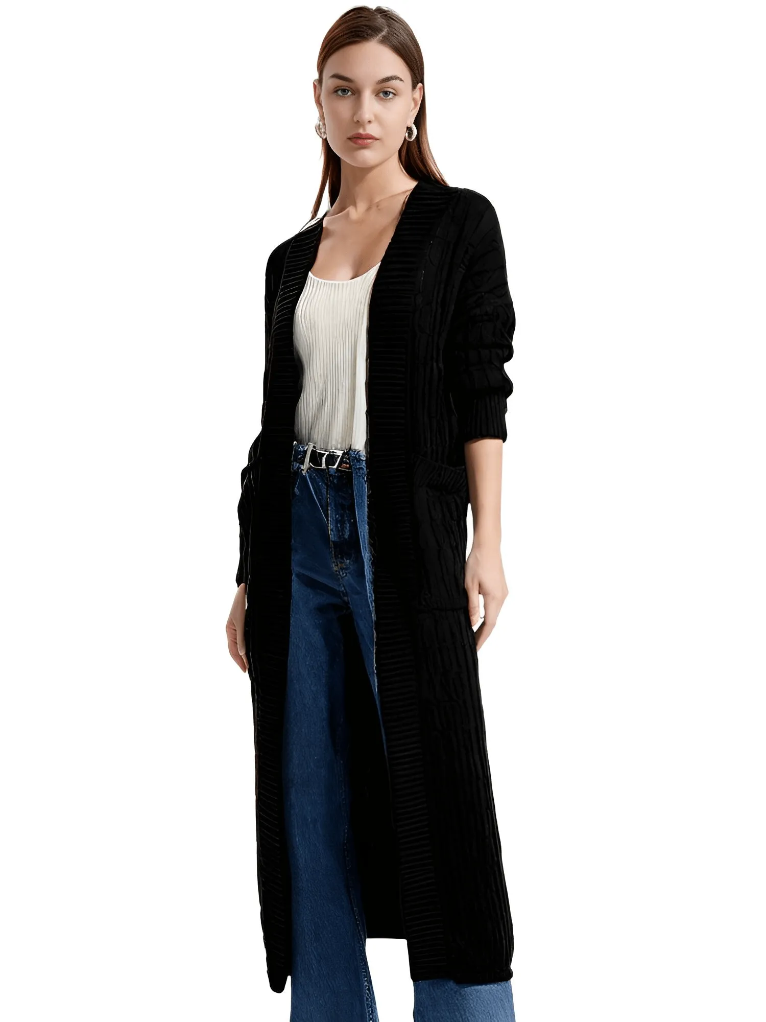 Knit Women's Extra Long Cardigan With Pockets