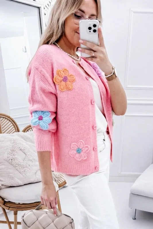 Knitted Floral Pattern Button Up Cardigan