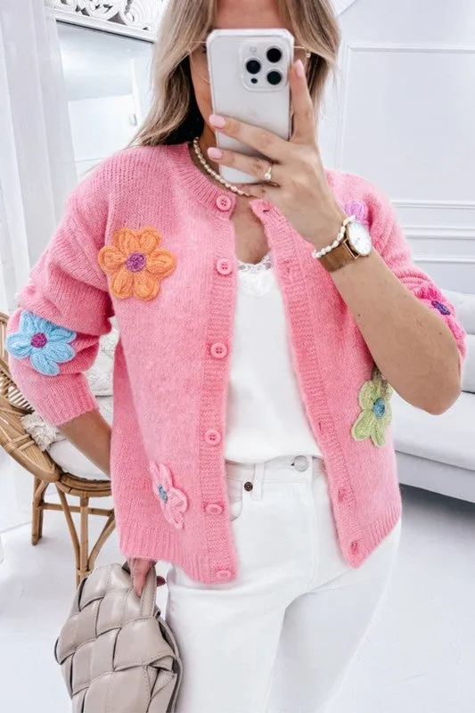 Knitted Floral Pattern Button Up Cardigan