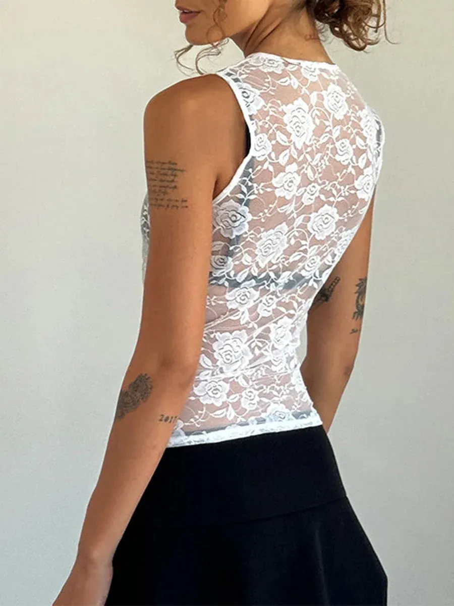 Lace Floral Sexy Sheer Mesh Vest Summer Tank Women Top