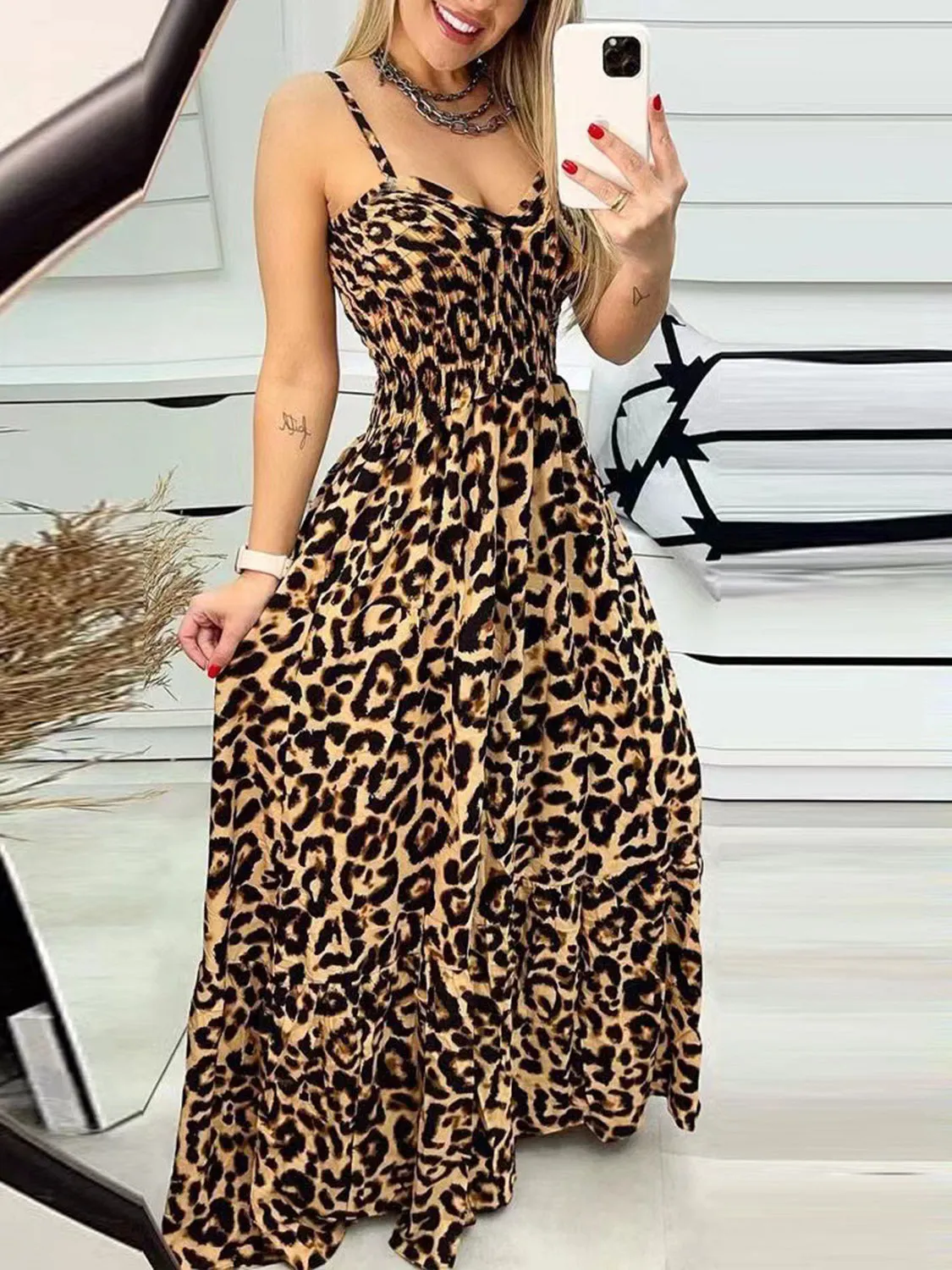 Leopard Sweetheart Neck Cami Dress New women's fashion casual leopard print maxi dress