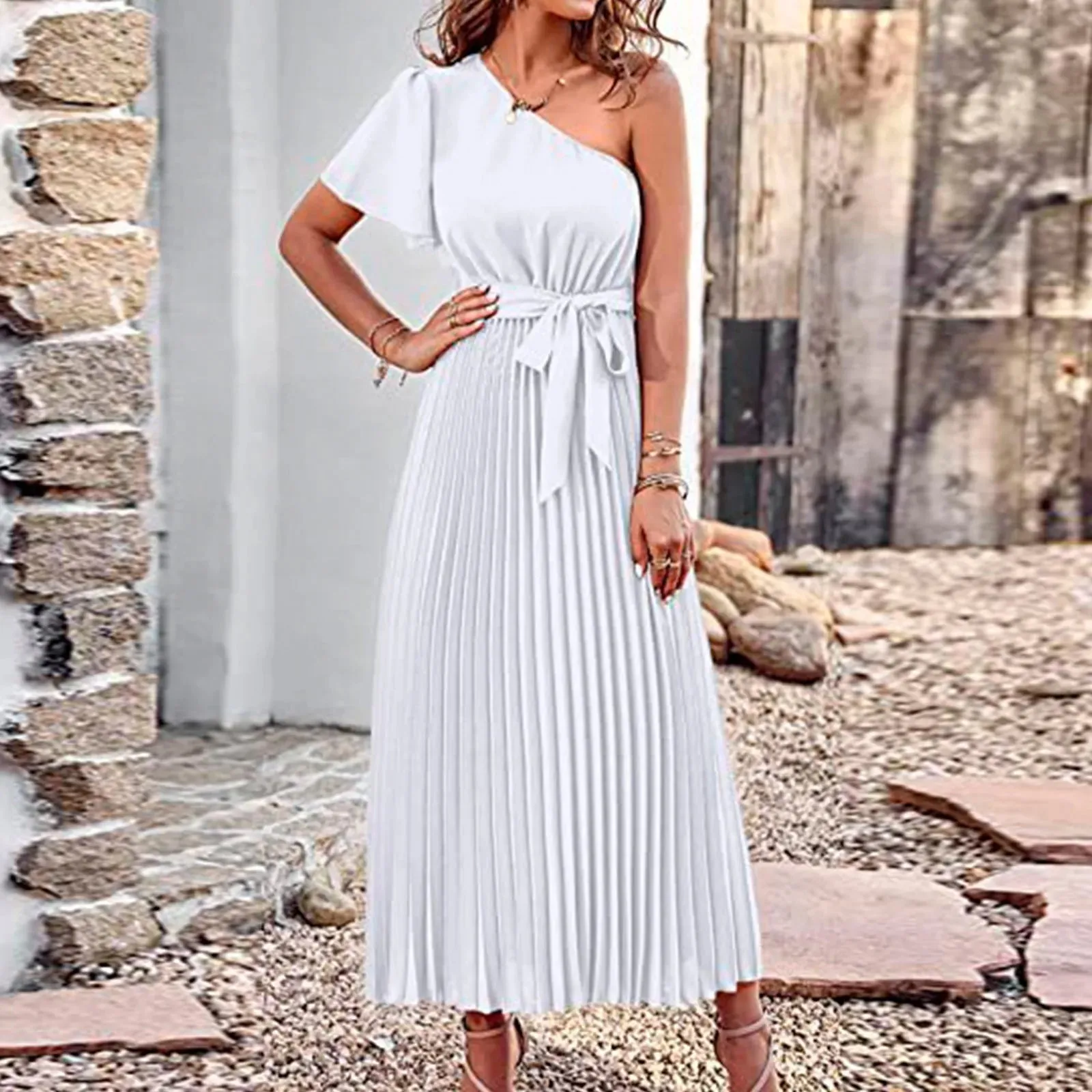 Luxury Maxi Pleated One Shoulder Sleeveless Party Gowns Casual Elegant Dress