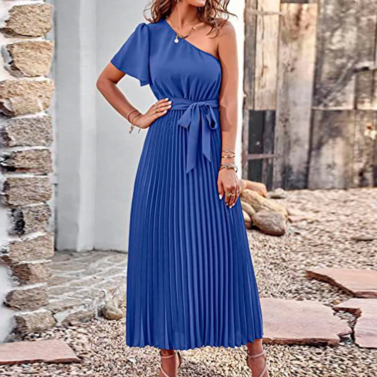 Luxury Maxi Pleated One Shoulder Sleeveless Party Gowns Casual Elegant Dress