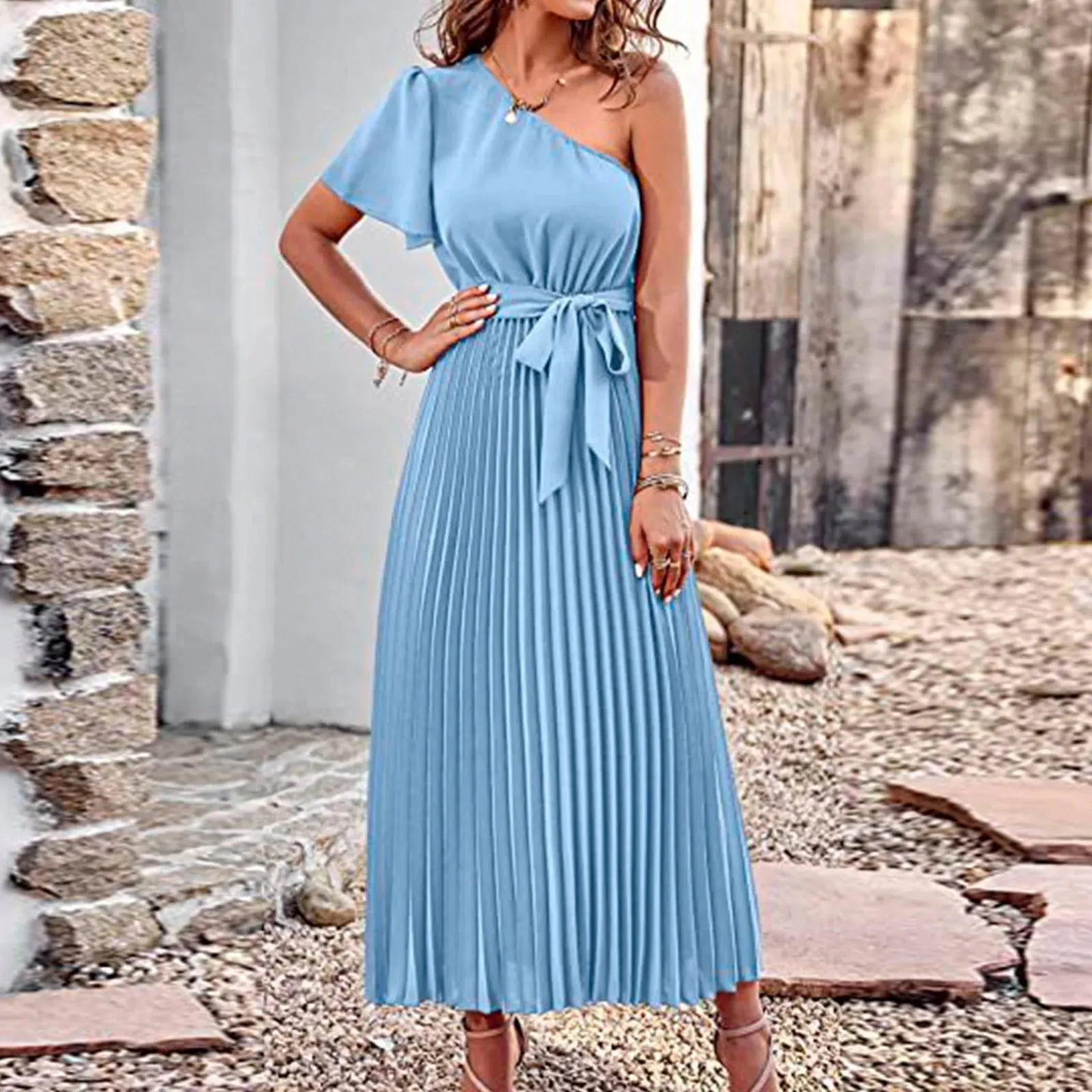 Luxury Maxi Pleated One Shoulder Sleeveless Party Gowns Casual Elegant Dress