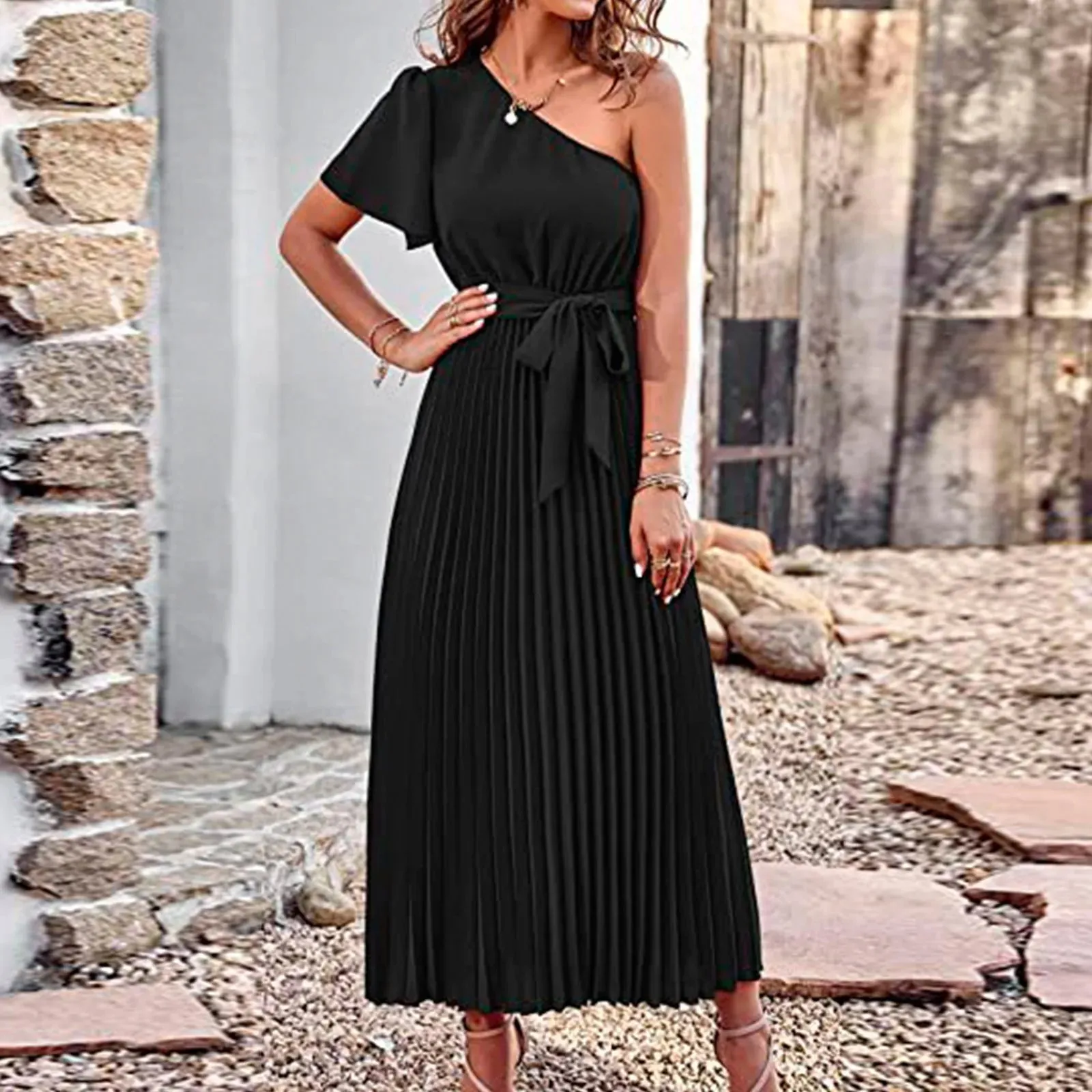 Luxury Maxi Pleated One Shoulder Sleeveless Party Gowns Casual Elegant Dress