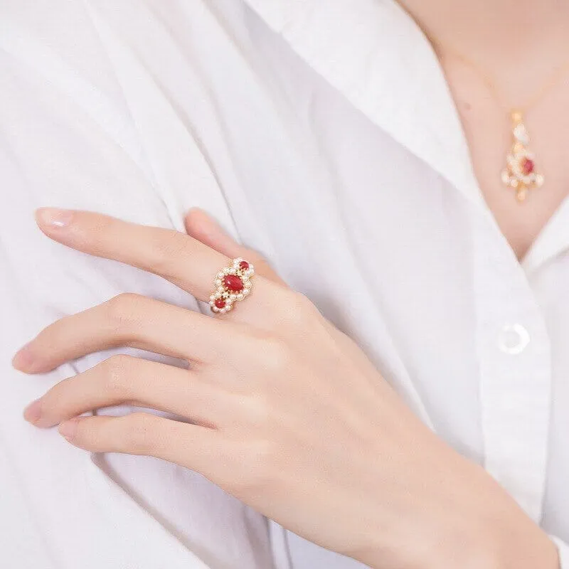 Luxury Red Coral Gold Color Pearl Flower Resizable Ring - 925  Sterling Silver