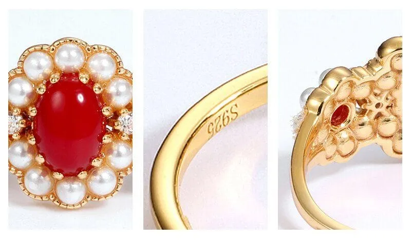 Luxury Red Coral Gold Color Pearl Flower Resizable Ring - 925  Sterling Silver