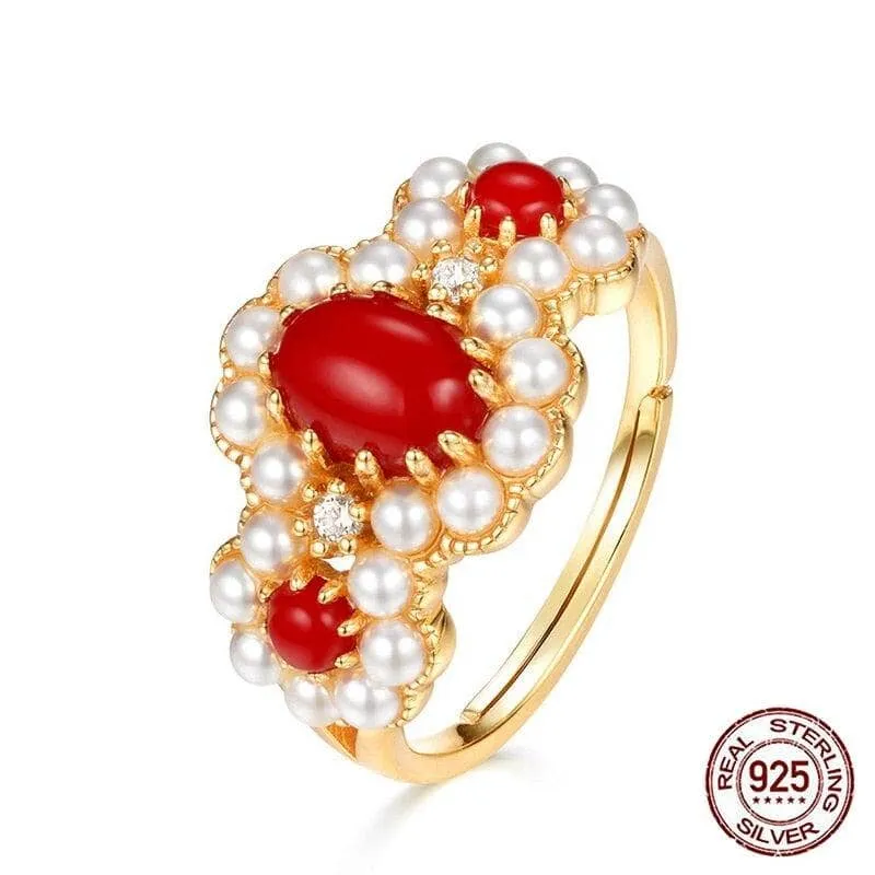 Luxury Red Coral Gold Color Pearl Flower Resizable Ring - 925  Sterling Silver