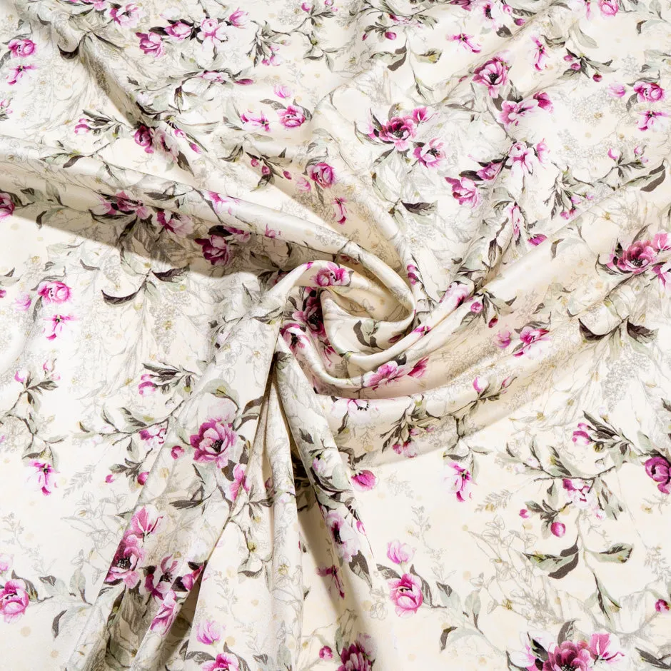 Magenta Floral Printed Cream Double Silk Crêpe (A 1.70m Piece)