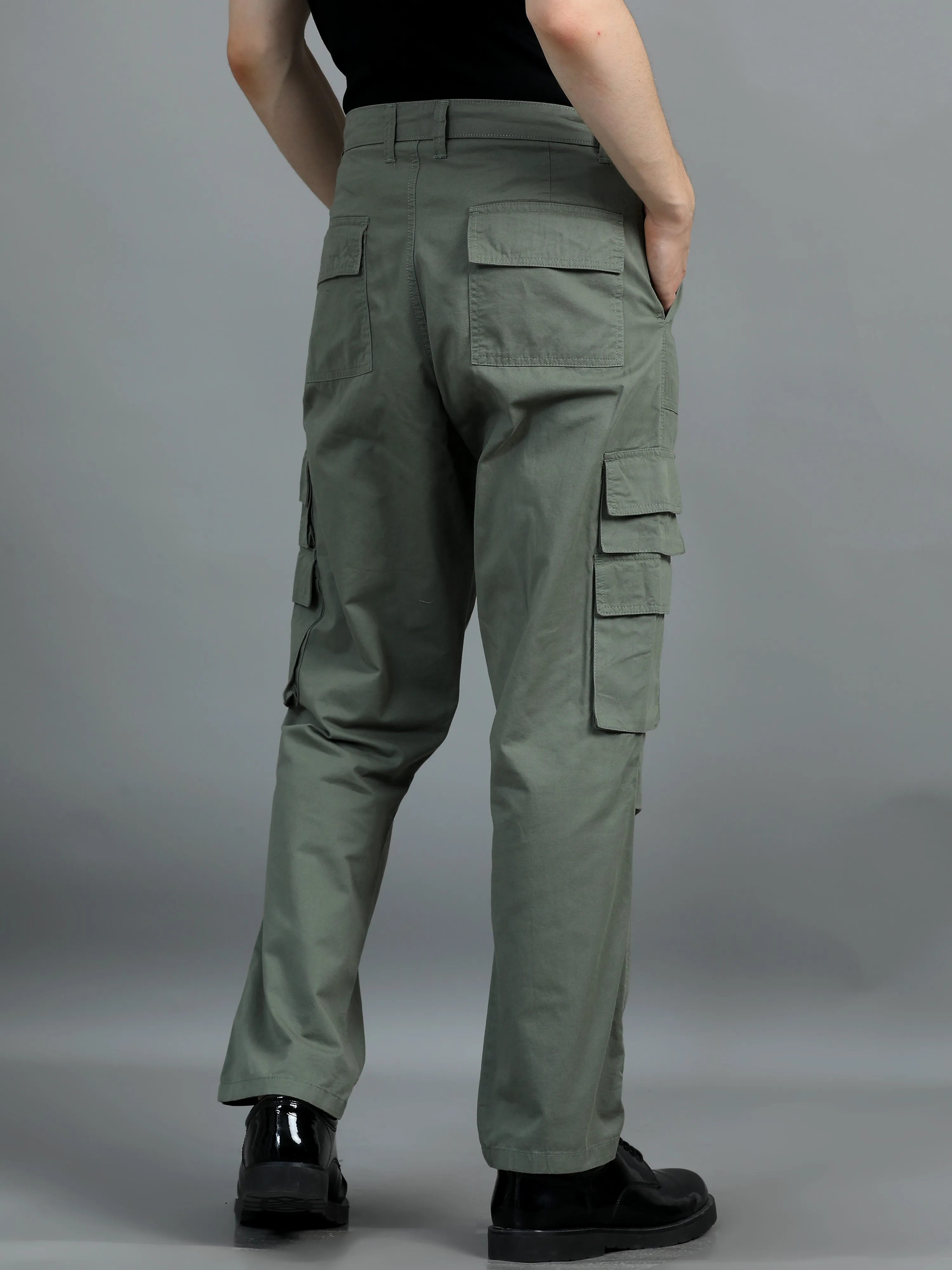 Men 2 Cotton Relaxed Fit Cargo Trousers, Black Moss Green