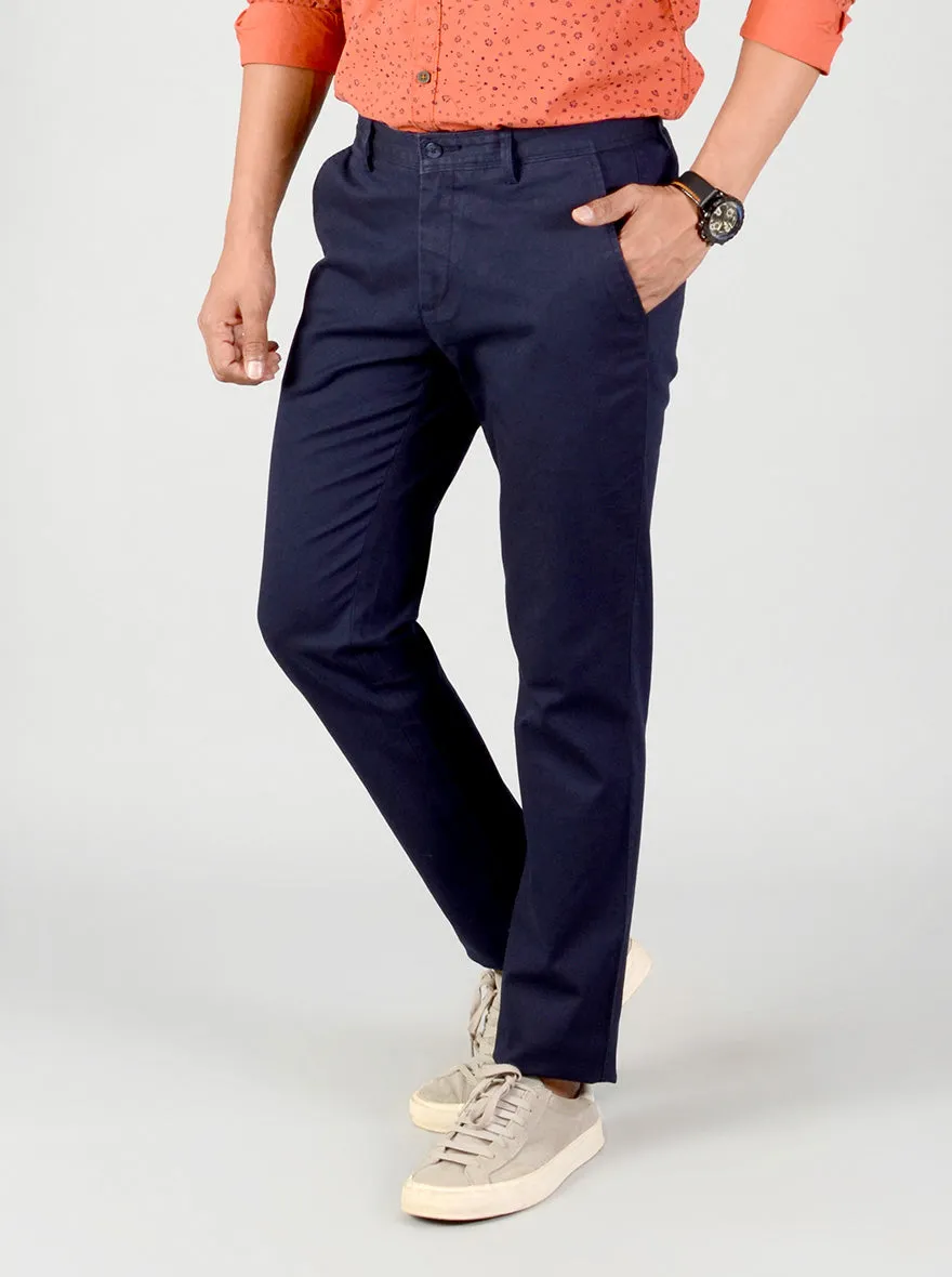 Navy Blue Self Textured Slim Fit Casual Trouser | Greenfibre