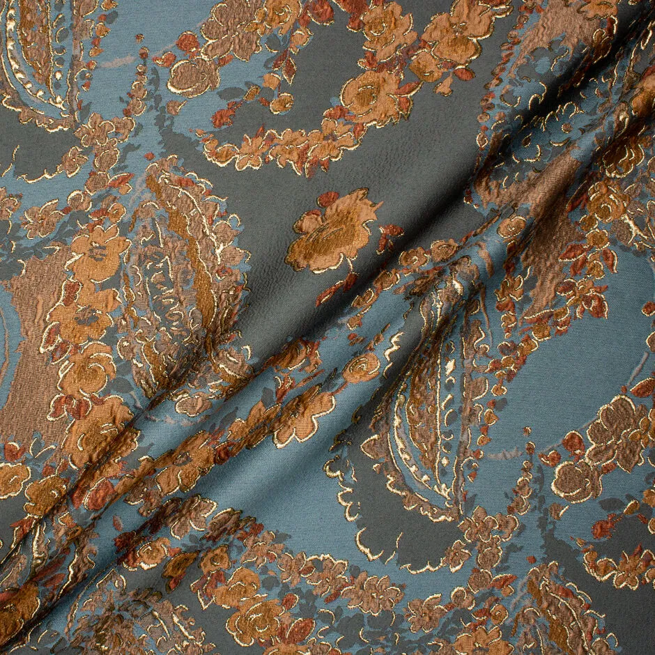 Petrol Blue & Brown Toned Floral Silk Blend Brocade