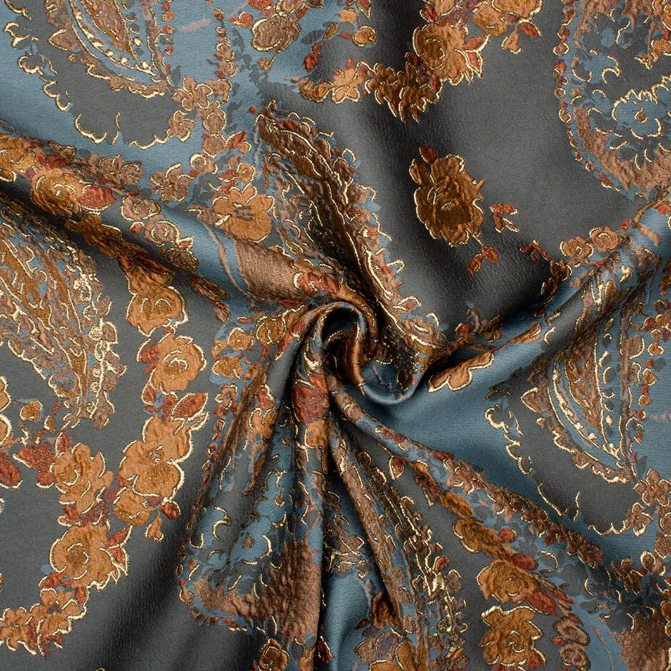 Petrol Blue & Brown Toned Floral Silk Blend Brocade