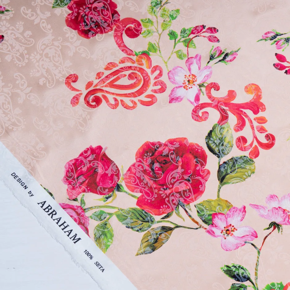 Pink Rose Vision Printed Salmon Pink Pure Silk