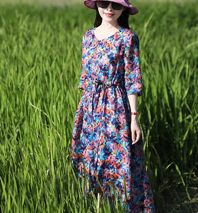 Print Women Dresses Ramie Casual Spring Linen Women Dresses SSM97215