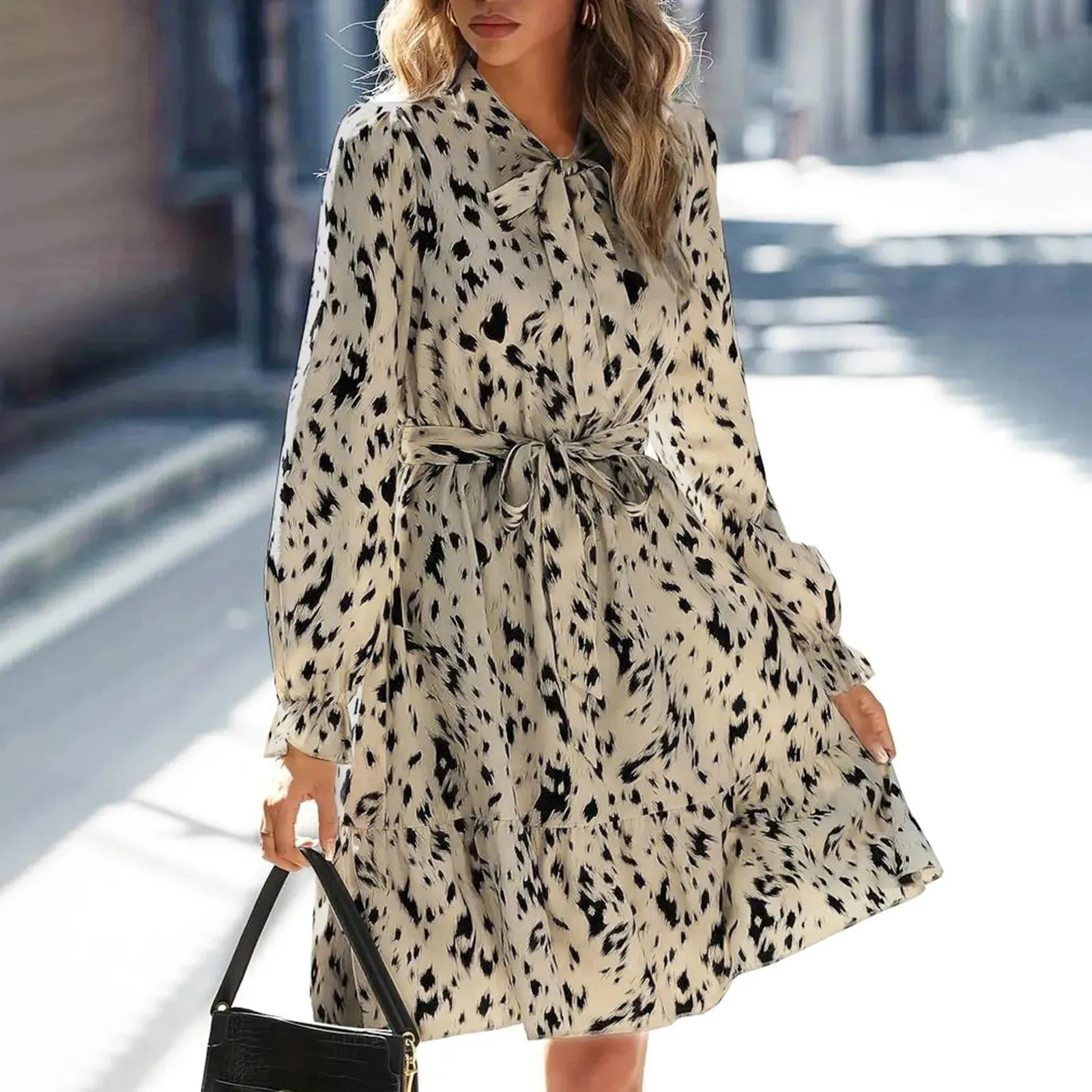 printed Bohemian Elegant Abaya Kaftan O-Neck Full Sleeved Fashion Streetwear Casual Leopard Dress