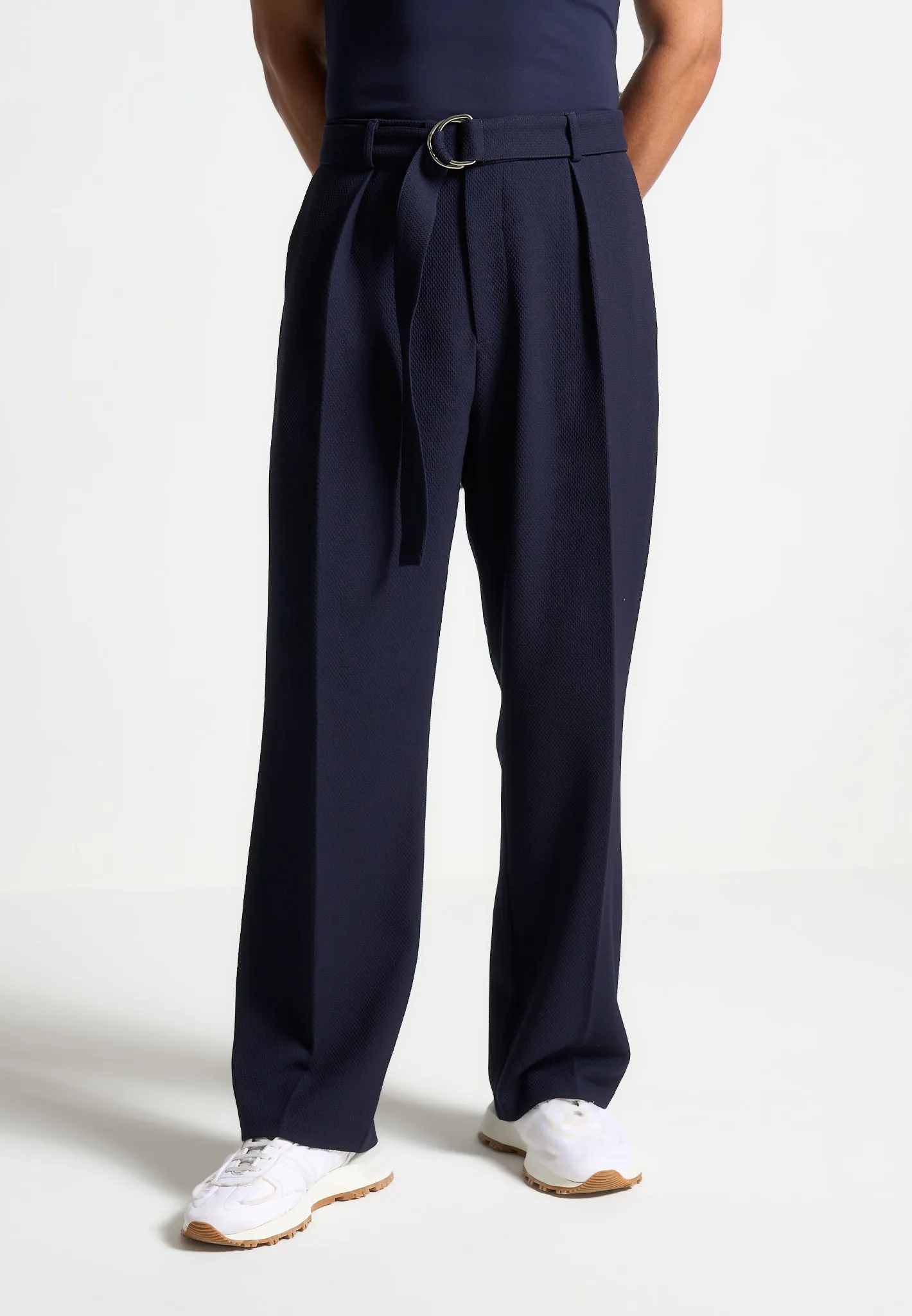 Relaxed Fit Textured Belted Tailored Trousers - Navy