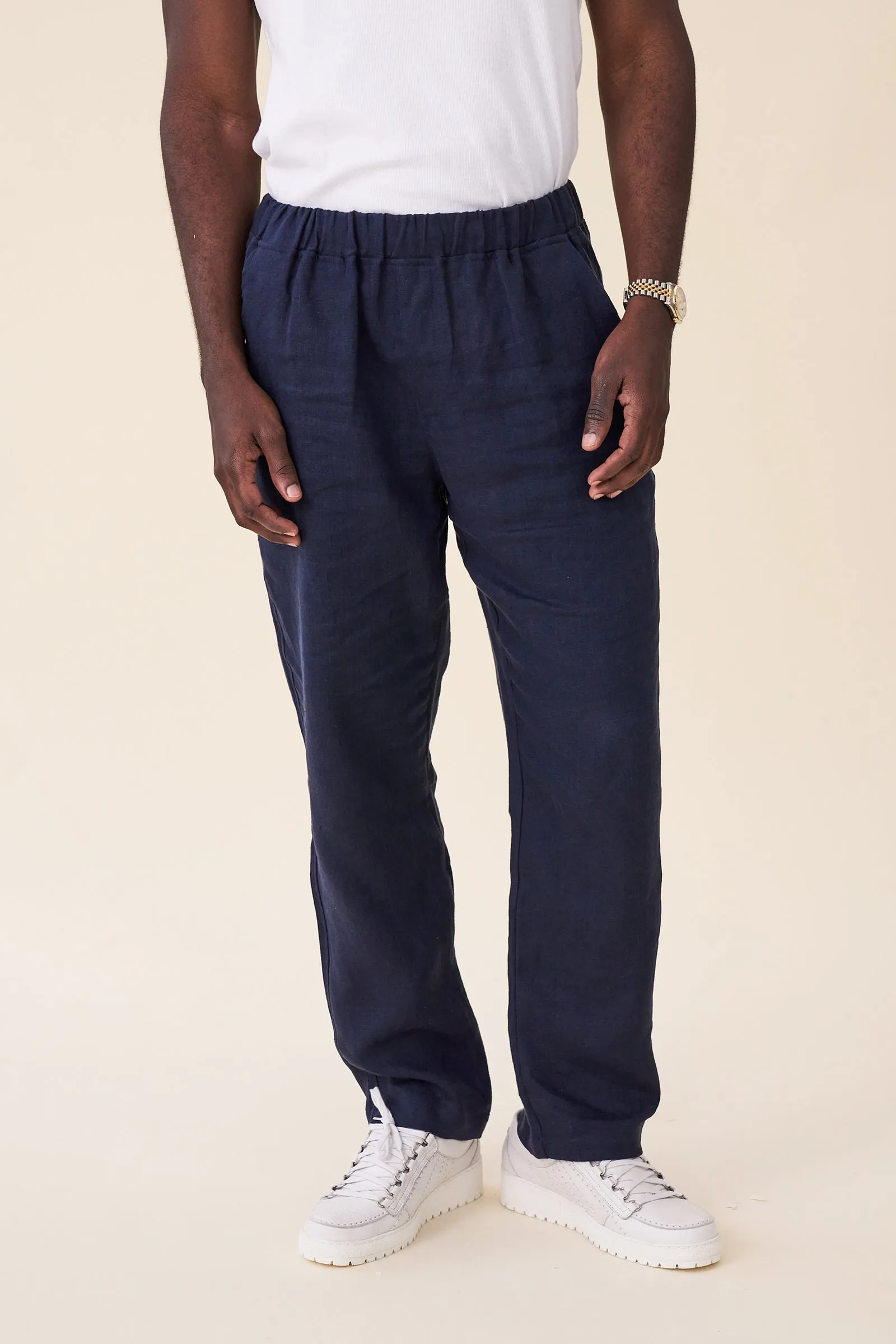 RELAXED WIDE LEG LINEN TROUSERS - NAVY