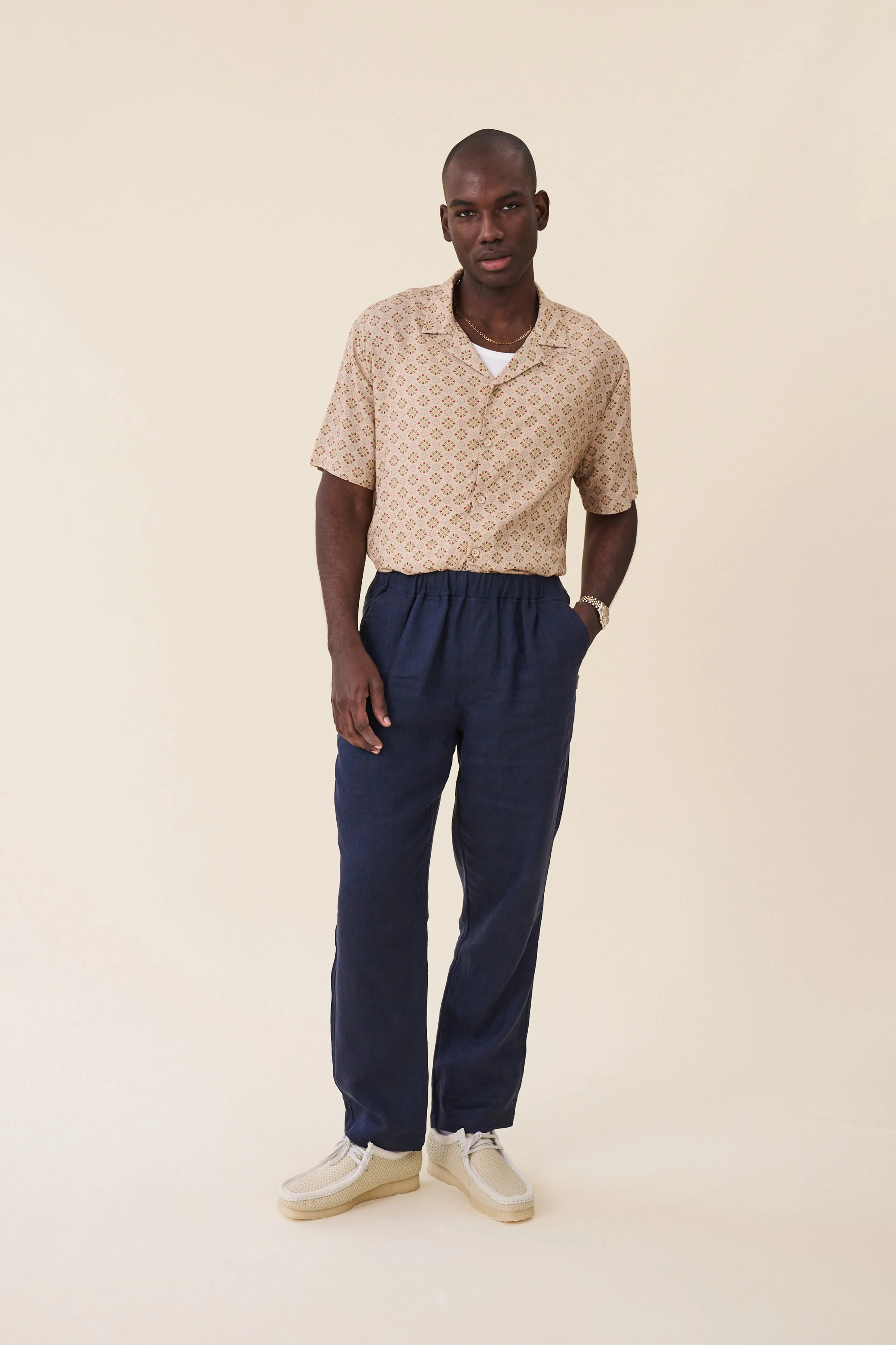 RELAXED WIDE LEG LINEN TROUSERS - NAVY