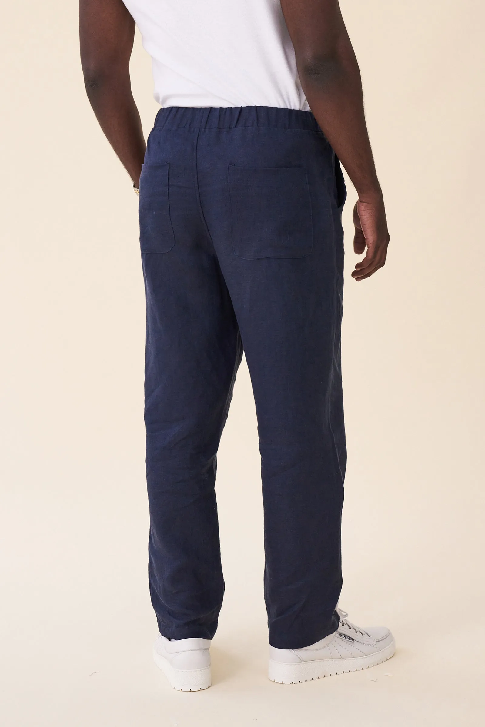 RELAXED WIDE LEG LINEN TROUSERS - NAVY