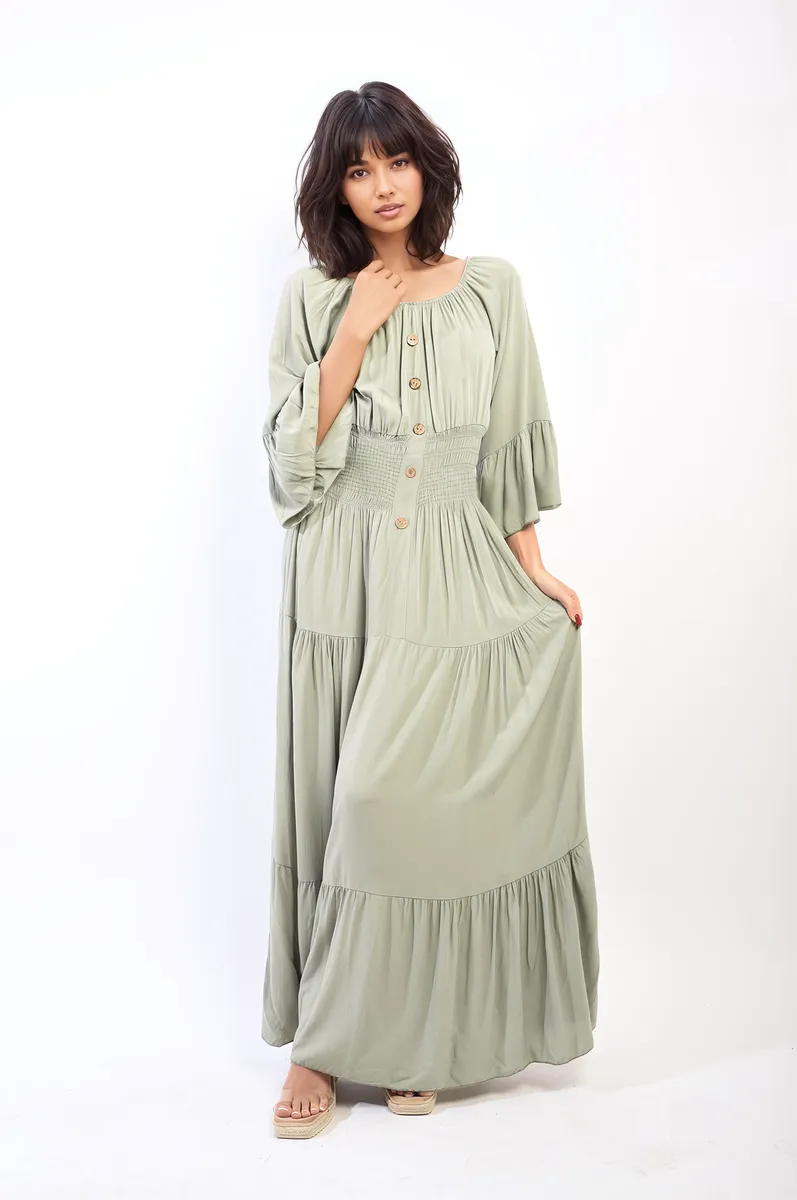 Ruffle Hem Sleeve Shirred Waist Tiered Maxi Dress