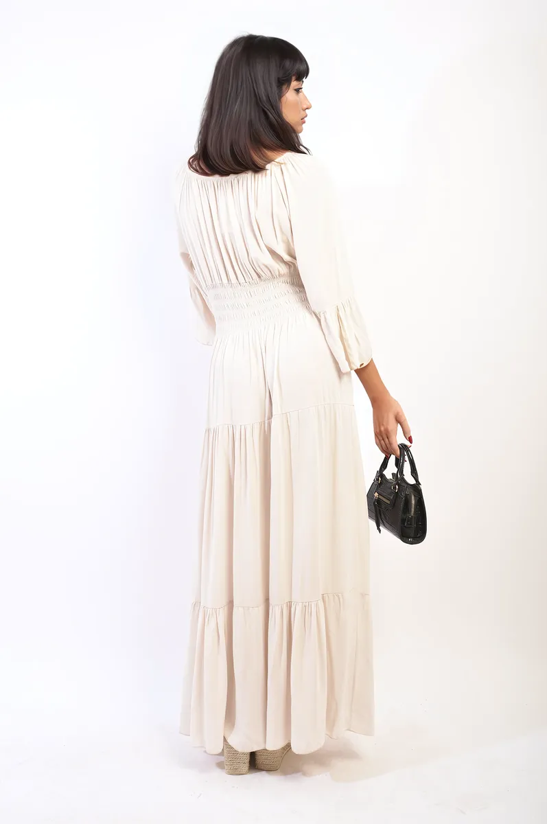 Ruffle Hem Sleeve Shirred Waist Tiered Maxi Dress