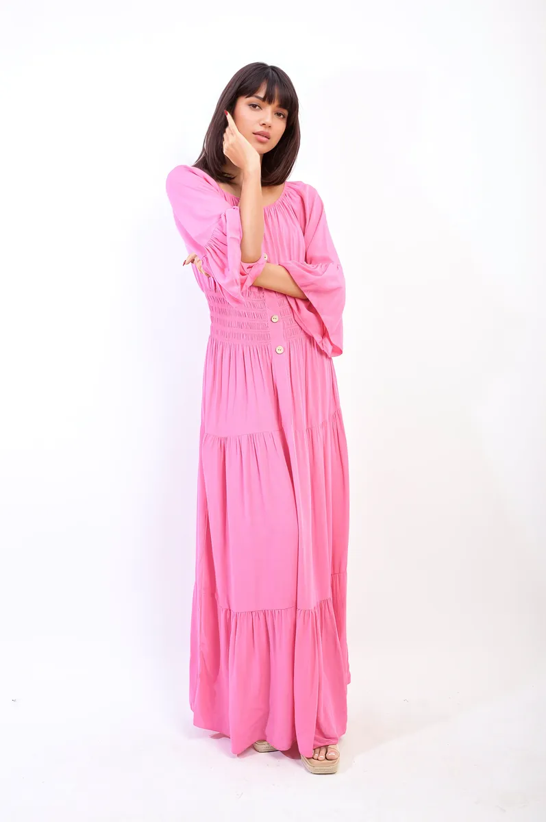 Ruffle Hem Sleeve Shirred Waist Tiered Maxi Dress