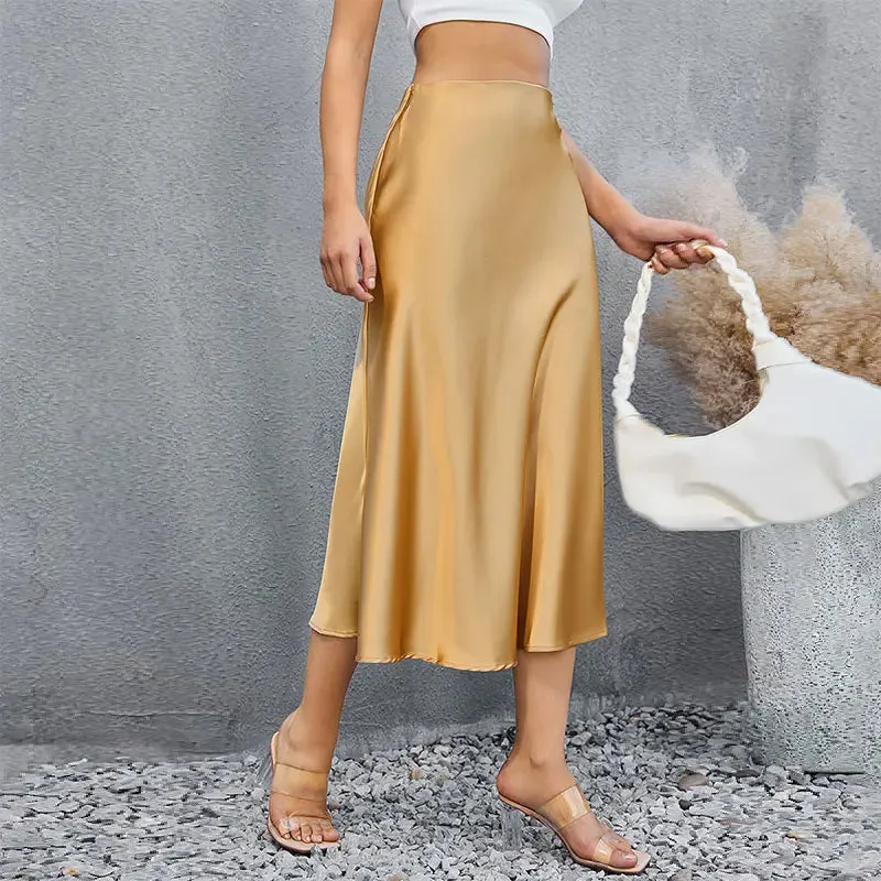 Satin Midi Skirt Woman High Waist Long Skirts For Women New Fashion 2023 Autumn Casual Elegant Party Women's Pencil Skirts