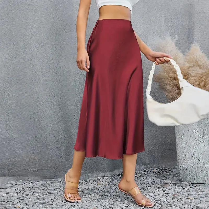 Satin Midi Skirt Woman High Waist Long Skirts For Women New Fashion 2023 Autumn Casual Elegant Party Women's Pencil Skirts