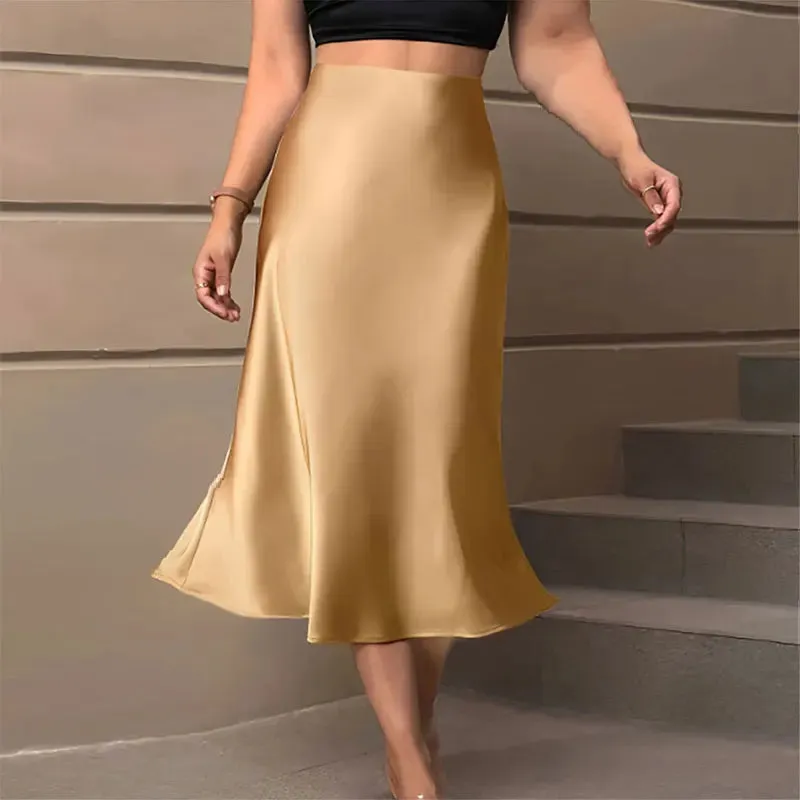 Satin Midi Skirt Woman High Waist Long Skirts For Women New Fashion 2023 Autumn Casual Elegant Party Women's Pencil Skirts