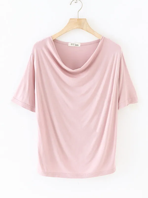 Short Sleeves Pleated Solid Color Heaps Collar T-Shirts Tops