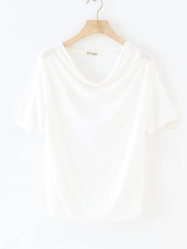 Short Sleeves Pleated Solid Color Heaps Collar T-Shirts Tops