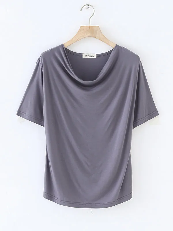 Short Sleeves Pleated Solid Color Heaps Collar T-Shirts Tops