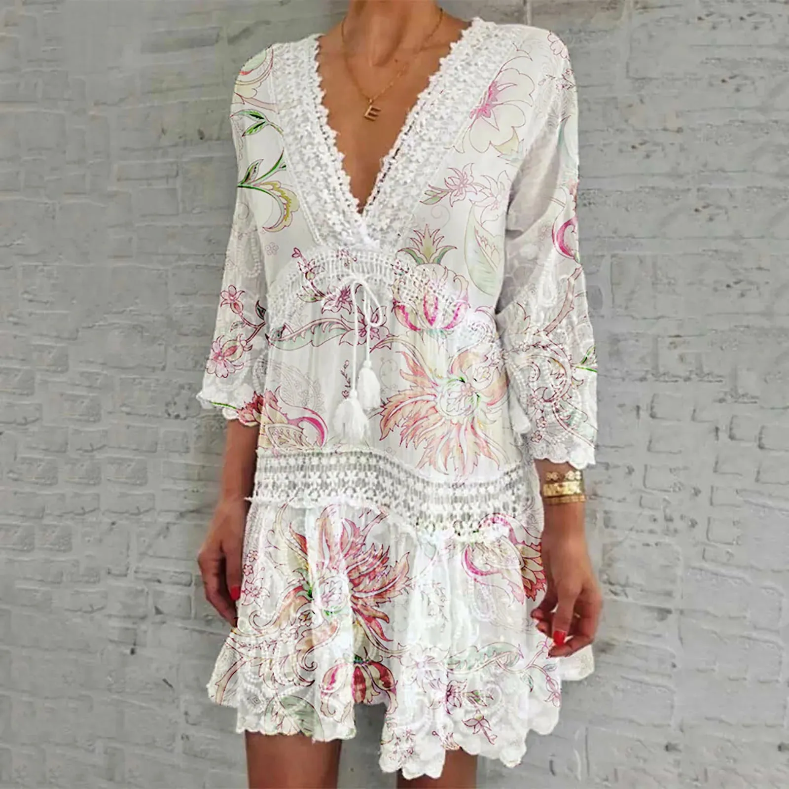 Spaghetti Strap Summer Lace Up Trumpet Short Bohemian Solid Ruffles Hem Beach Holiday 2024 Casual Sexy Dress