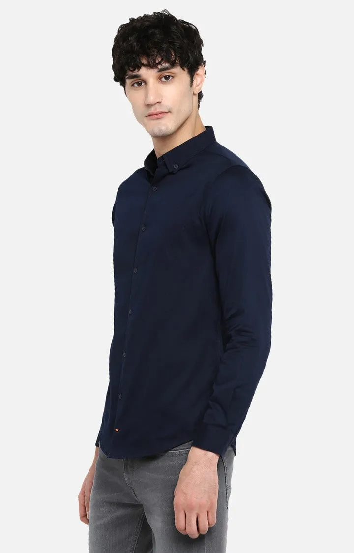 Spykar Men'S Blue Satin Solid Casual Shirts