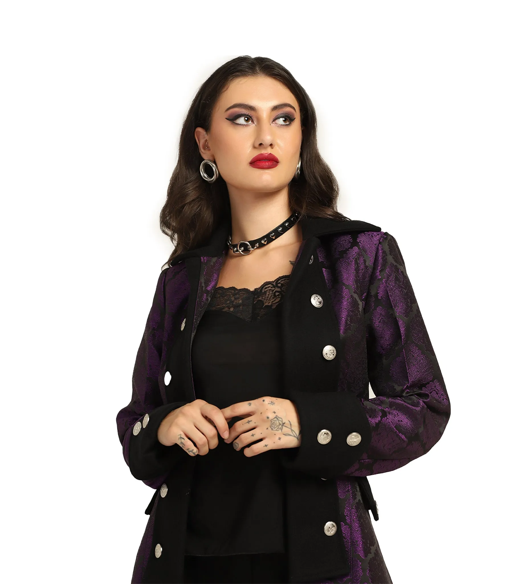 Steampunk Pirate Captain Long Coat – Black & Purple Brocade