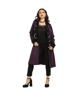 Steampunk Pirate Captain Long Coat – Black & Purple Brocade