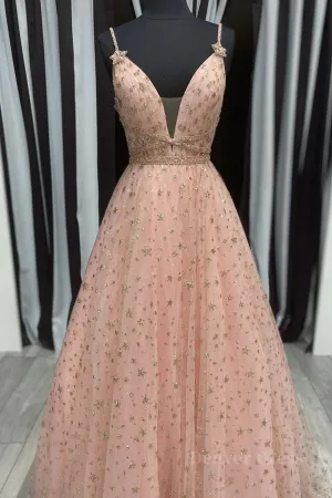 Stylish V Neck Pink Long Prom Dress with Stars Sequins Long Pink Formal Evening Dress