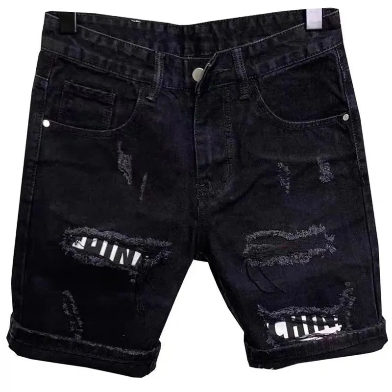 Summer Men's Black Distressed Stickers Slim Denim jeans Short Fashion