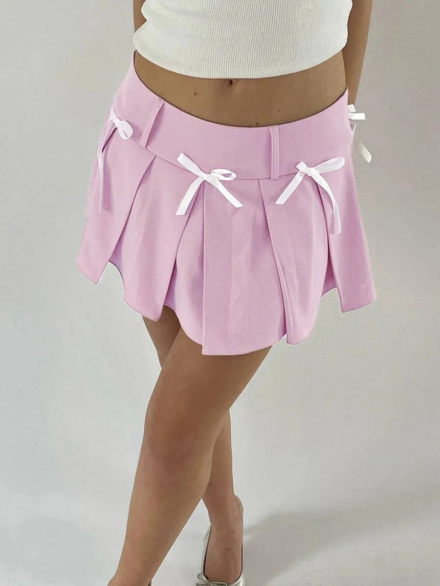 Summer Solid Color High Waist Bow A-Line Streetwear Aesthetic Pleated Skirt