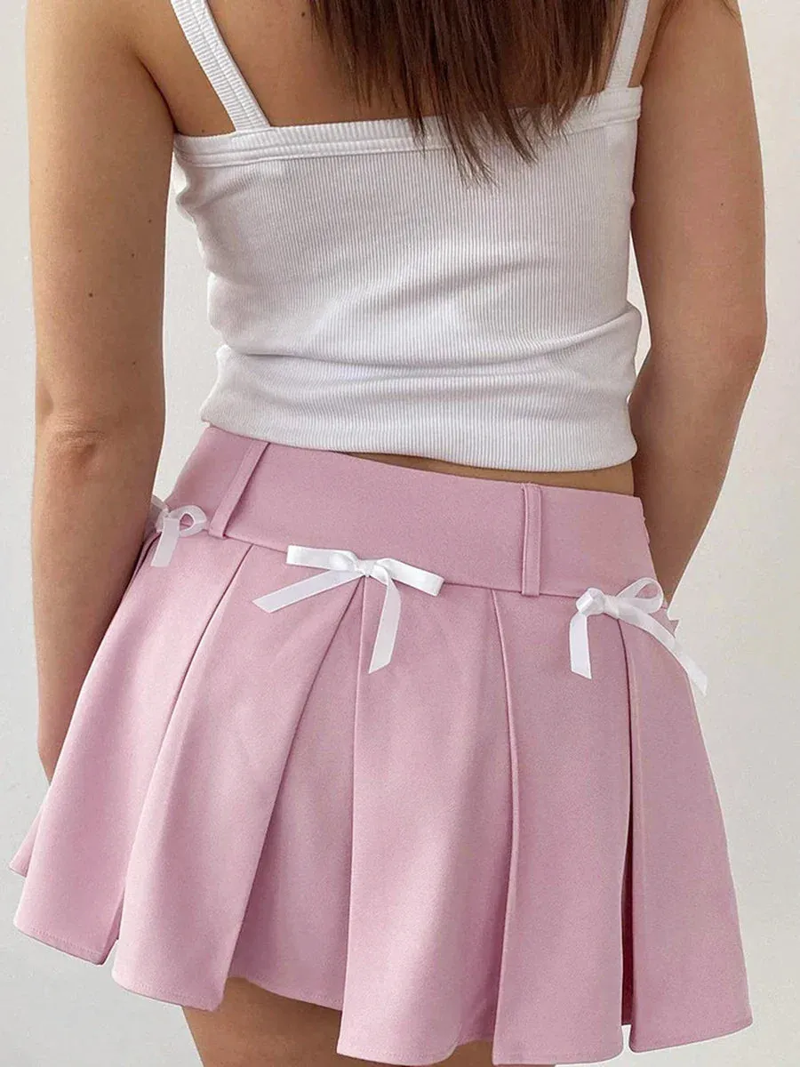 Summer Solid Color High Waist Bow A-Line Streetwear Aesthetic Pleated Skirt